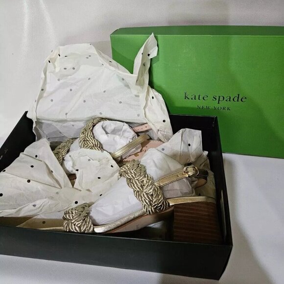 NWB Kate Spade Valentina Braided Strap Mid Heeled Sandals Pale Gold Size 6B - Picture 6 of 7